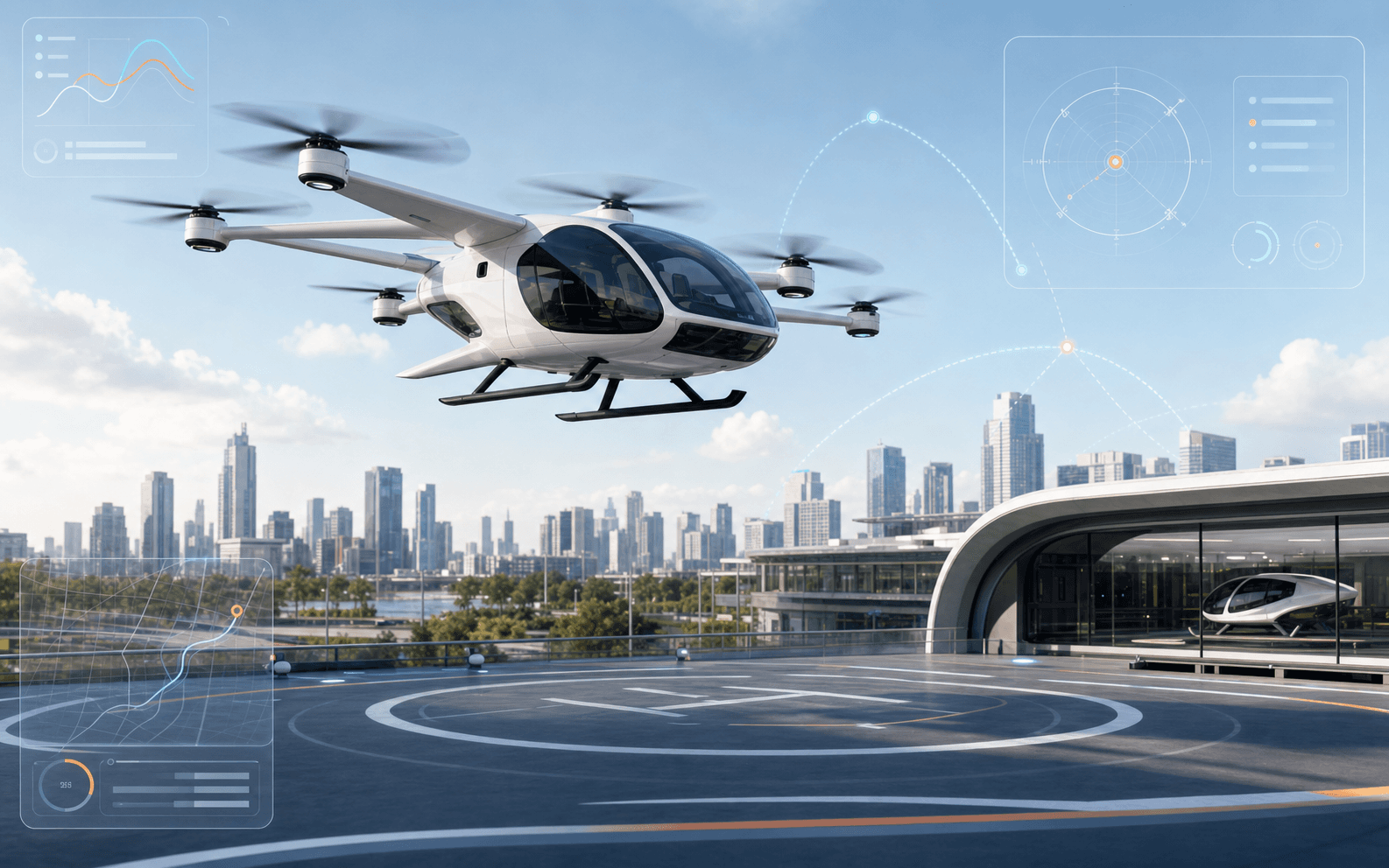 Civilian eVTOL aircraft operating near an urban vertiport with telemetry overlays