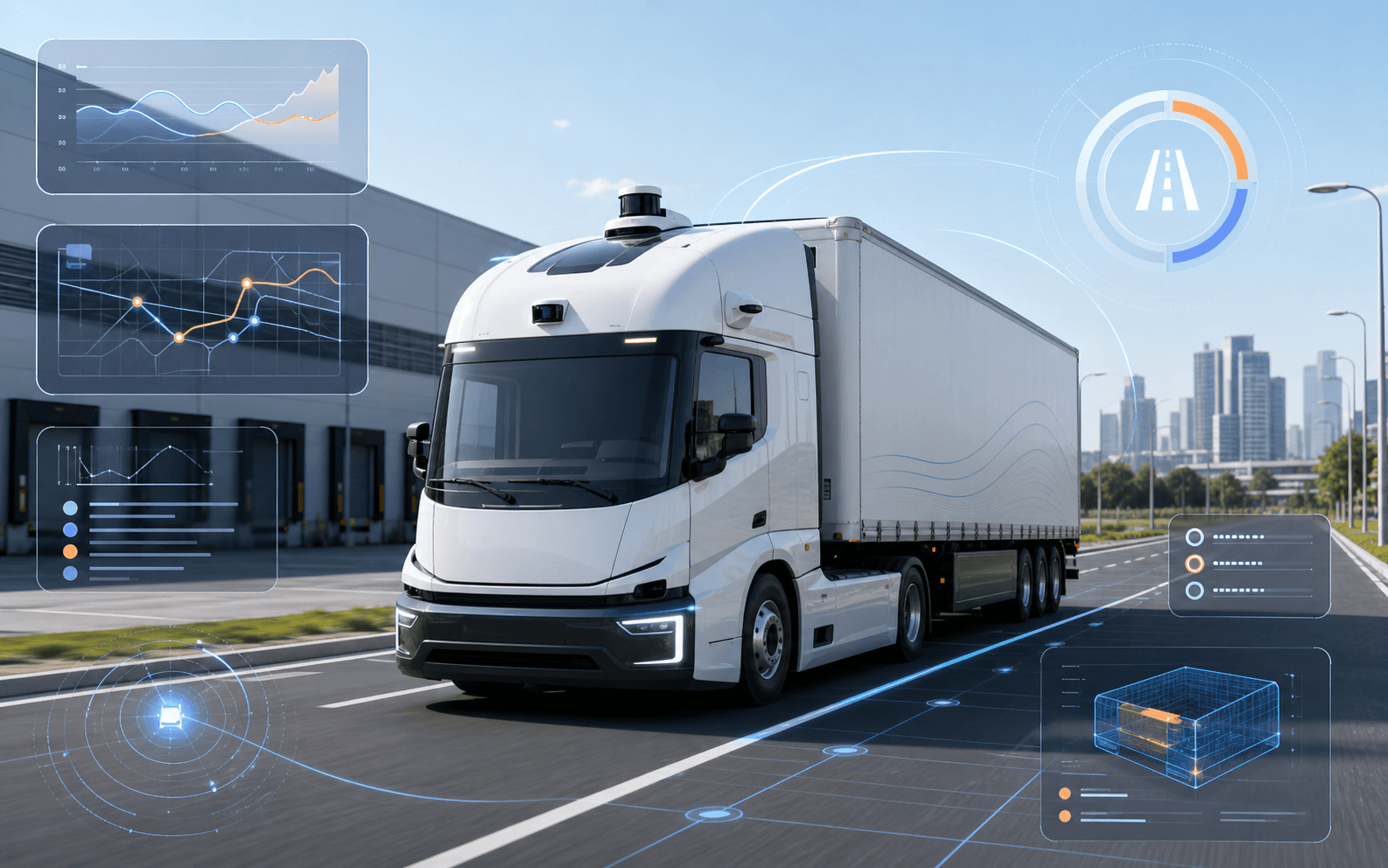 Autonomous electric logistics truck on a smart roadway with telemetry overlays