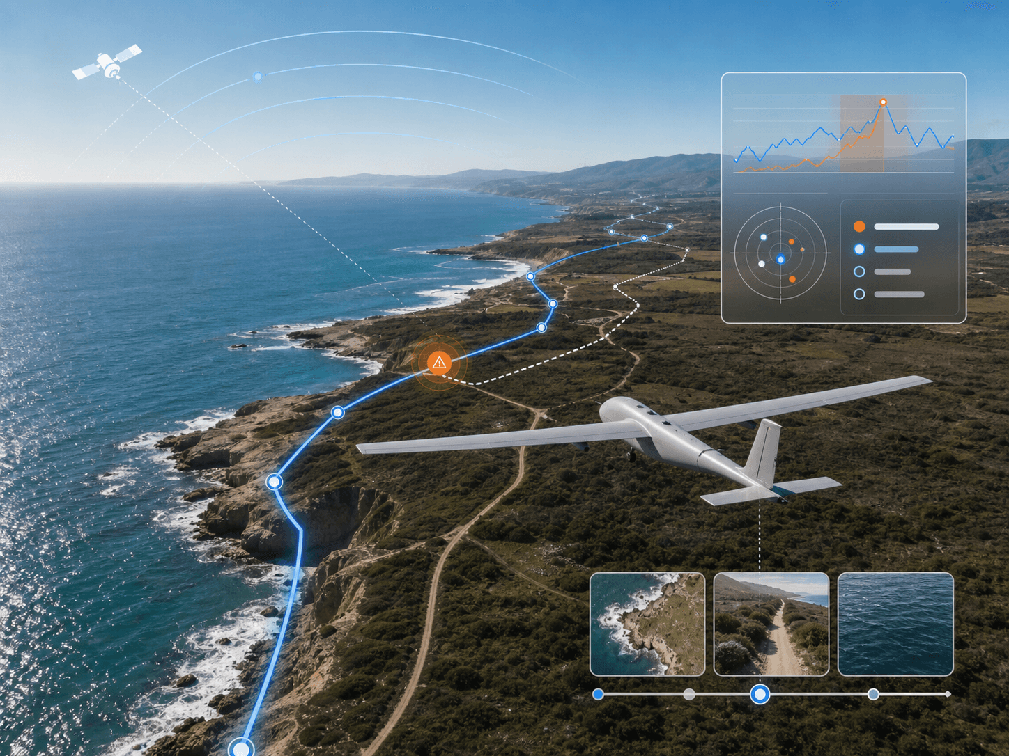 Civilian UAV coastal survey with navigation route and GPS awareness overlays